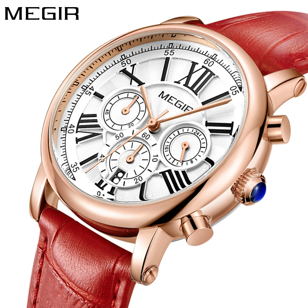 2018 New Megir Luxury Brand Fashion Ladies Watch Chronograph Sport Dress Rose Gold Quartz Wristwatch Red Leather Women Watches 2018 New Megir Luxury Brand Fashion Ladies Watch Chronograph Sport Dress Rose Gold Quartz Wristwatch Red Leather Women Watches