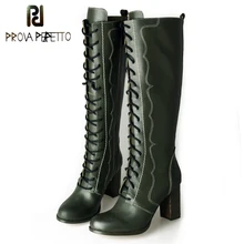 Prova Perfetto Для женщин Пояса из натуральной кожи с боковой молнией сапоги до колена модные спереди с перекрестной шнуровкой удобные квадратный каблук ботфорты
