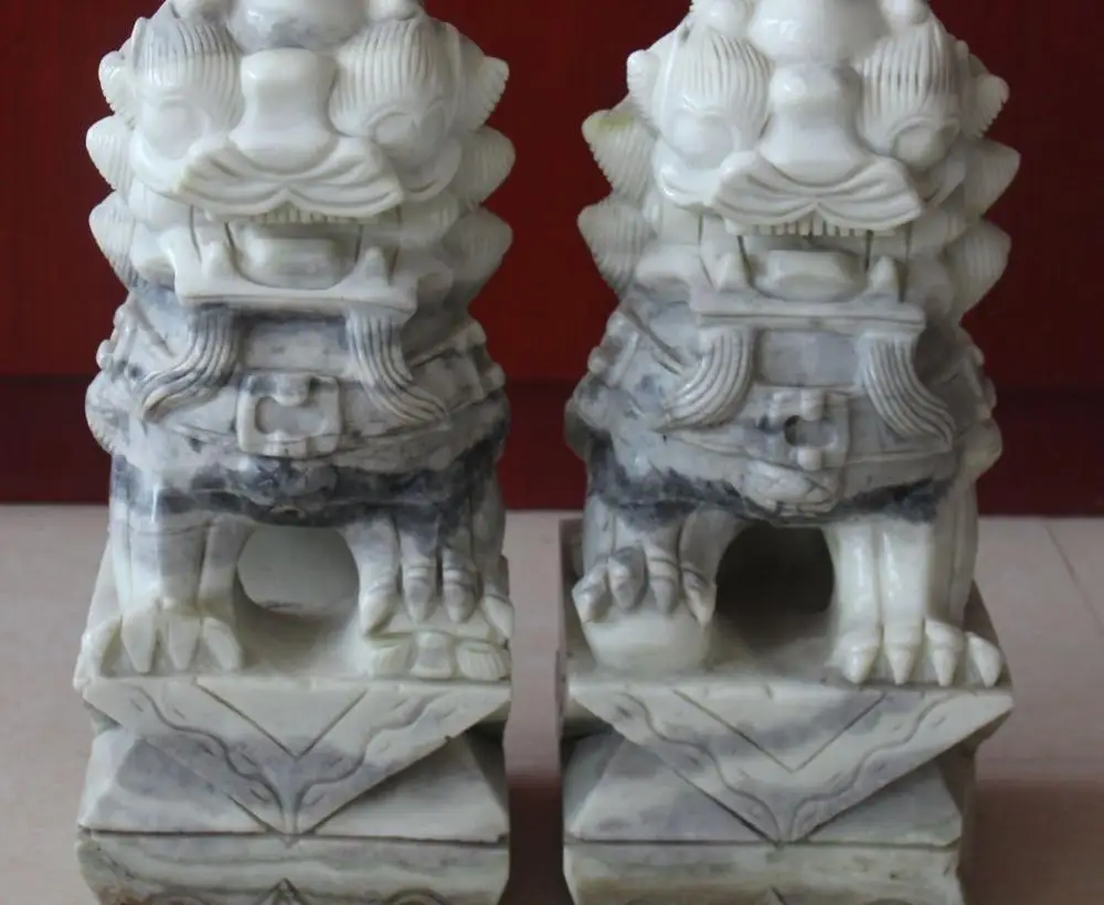 

16"Chinese FengShui Natural Green Jade Guardian Foo Fu Dog Lion Ball Statue Pair