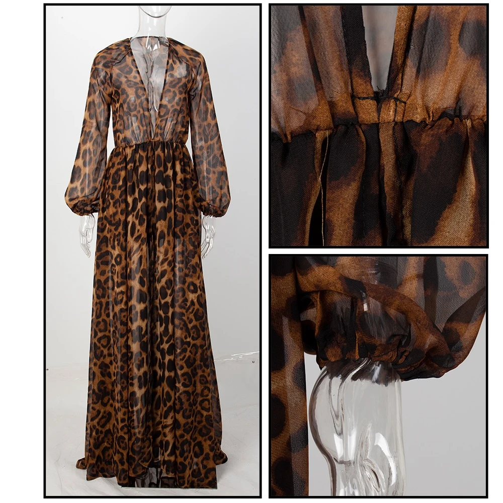 Новейшее модное леопардовое женское платье с длинным рукавом, длинное Сексуальное Вечернее Платье макси с глубоким v-образным вырезом, вечерние платья коричневого цвета