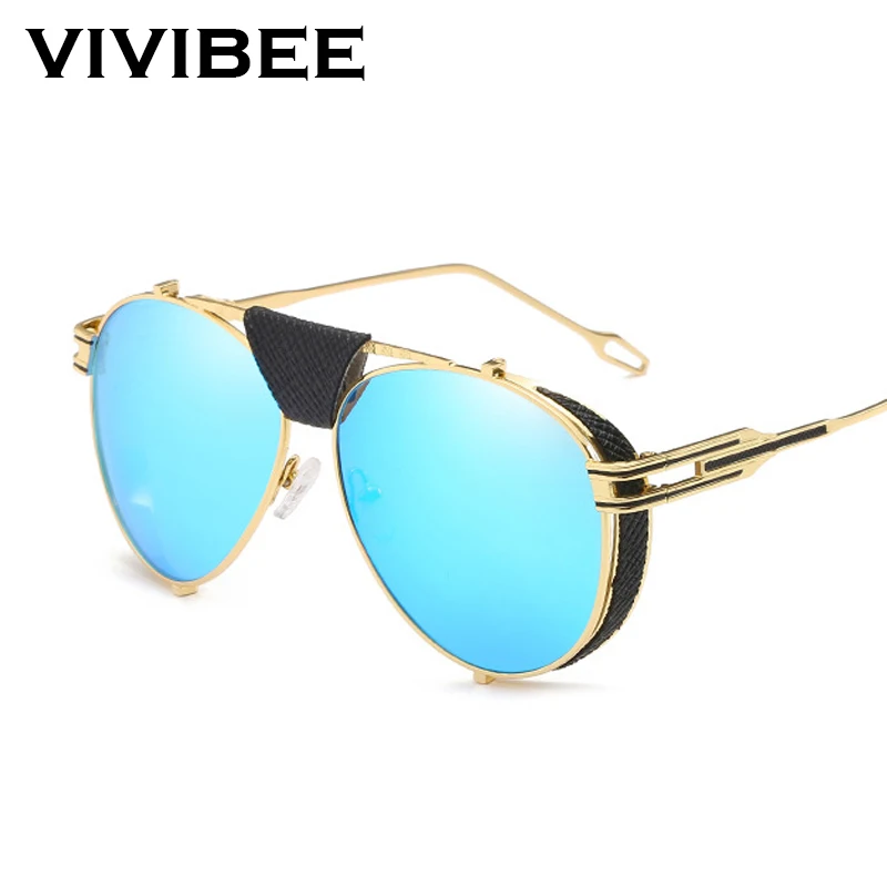 VIVIBEE роскошные золотые UV400 Мужские Авиаторы Солнцезащитные очки с кожаными