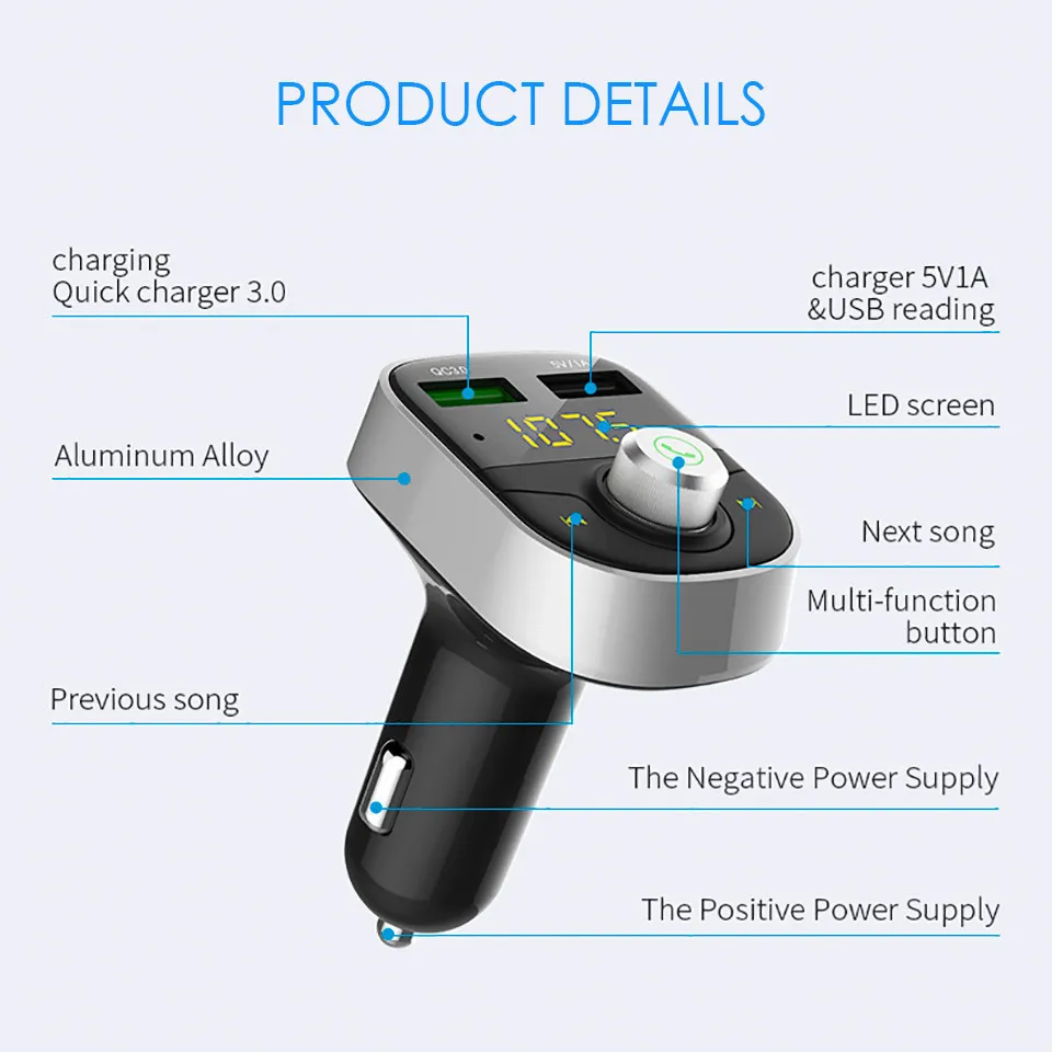 Wireless Bluetooth FM Transmitter Bluetooth Car Kit Handsfree USB Car MP3 Player Voltage Display QC 3.0 Car charger (10)