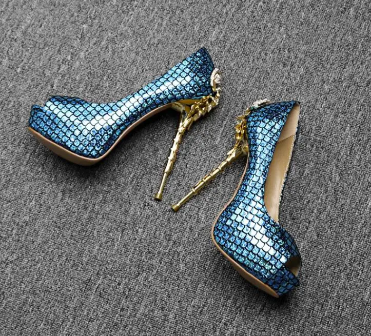 

Elegant Blue Fish Leather Women Sexy Peep Toe High Platform Pumps Crystal Scorpion Heel Ladies Slip On Party High Heels Size 42