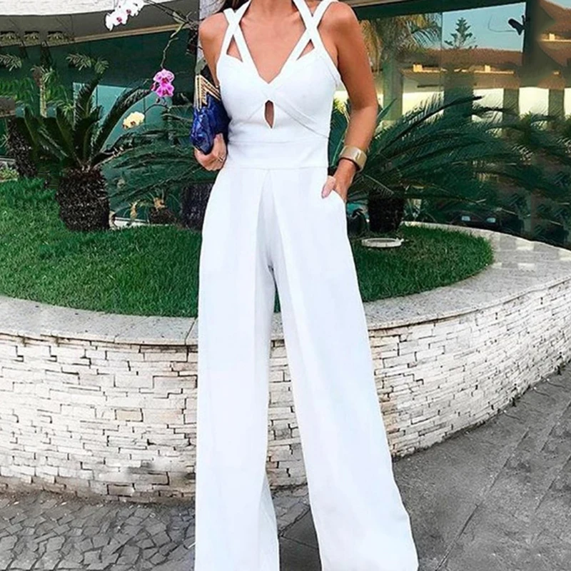 New Sexy Bodycon Bodysuit Women White Lace up Sexy Jumpsuit Solid Color Loose One piece romper Overalls party Playsuit Female