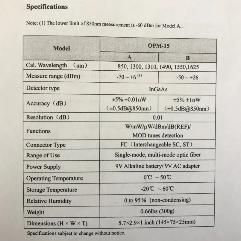 OPM-15A Specification