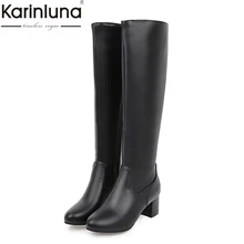 KARINLUNA/модные сапоги до колена, большие размеры 31-45 теплые зимние сапоги для верховой езды с плюшевой подкладкой на квадратном каблуке Женская обувь черного и белого цвета