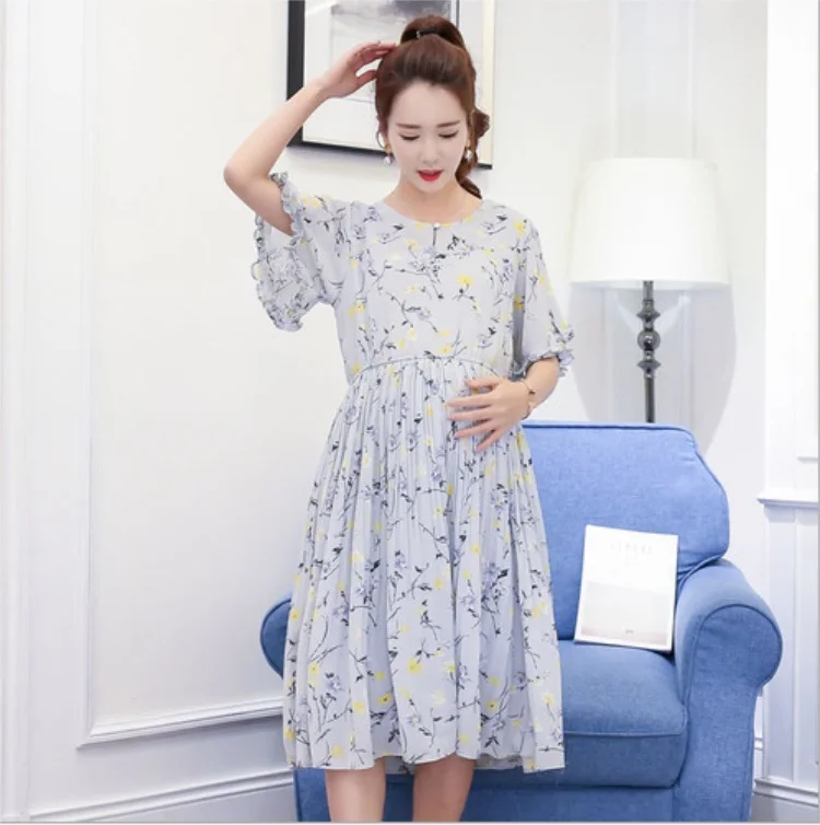 

Summer maternity dress loose short - sleeved pregnant women skirt floral long paragraph Slim dress skirt