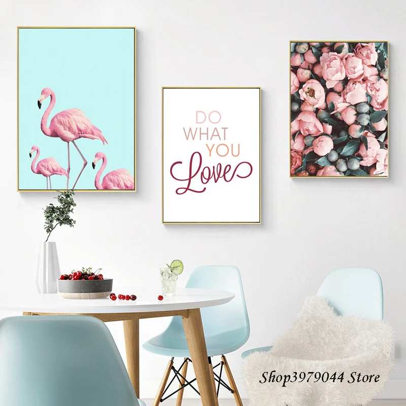 

Nordic Style Rose Decoracao Para Casa Wall Art Canvas Flamingos Cuadros Decoracion Salon Wall Pictures For living Room Unframed