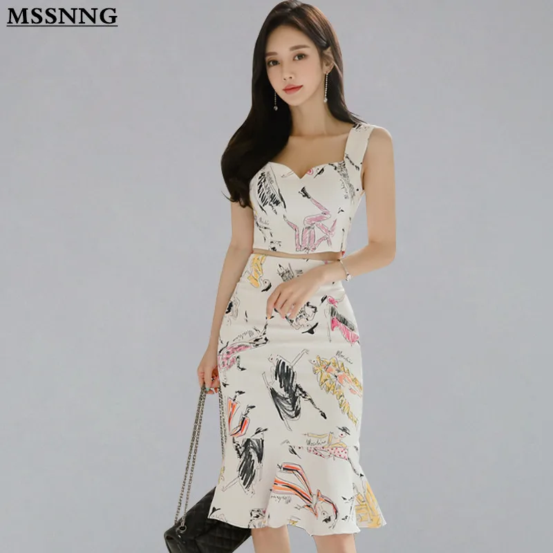 

MSSNNG Korean Style Sexy 2 Pieces Print Suits Spaghetti Strap Crop Top High Waist Mermaid Bodycon Skirt Casual Set Women