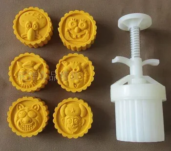 

50g Chinese Cartoon design Mooncake mung bean cake Molds mould with 6 Stamps plastic hand pressure , 50sets/lot