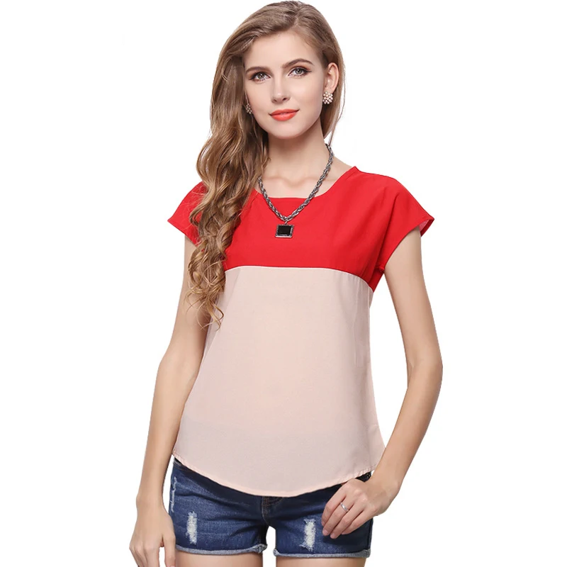

Explosion Women's Large Size Chiffon Two-color Stitching Loose Short Sleeves Color Matching Shirt Bottoming Shirt