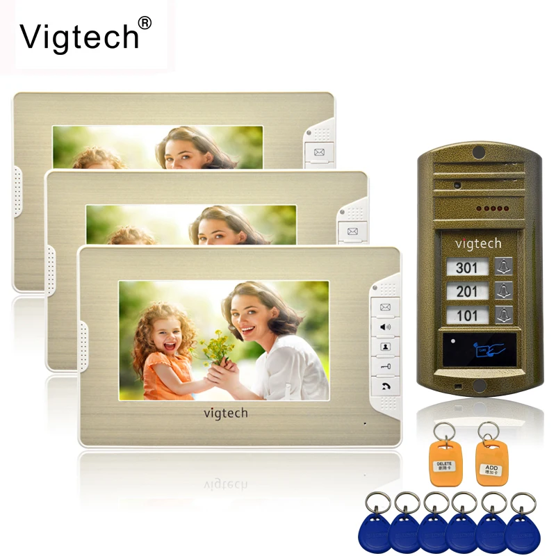 Vigtech 7'' color video door phone 3 monitors with 1 intercom doorbell can control 3 houses for multi apartment RFID Camera Vigtech 7'' color video door phone 3 monitors with 1 intercom doorbell can control 3 houses for multi apartment RFID Camera
