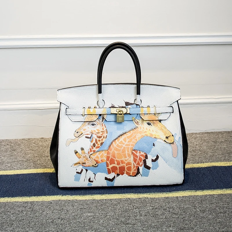 

Europe luxury handbags women bags designer Genuine Leather Hand-painted 3D Cartoon deer family tote bag Painting handbags