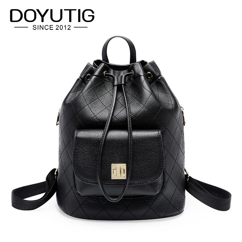 

DOYUTIG Women Black Genuine Leather Backpacks For Teenage Girls Casual Diamond Lattice Pattern Luxury Real Leather Knapsack E166