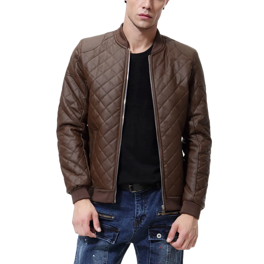 2019 Autumn New England Stand Collar Men's Diamond Wash Leather PU Leather Jacket Coat Baseball Uniform Leather D039