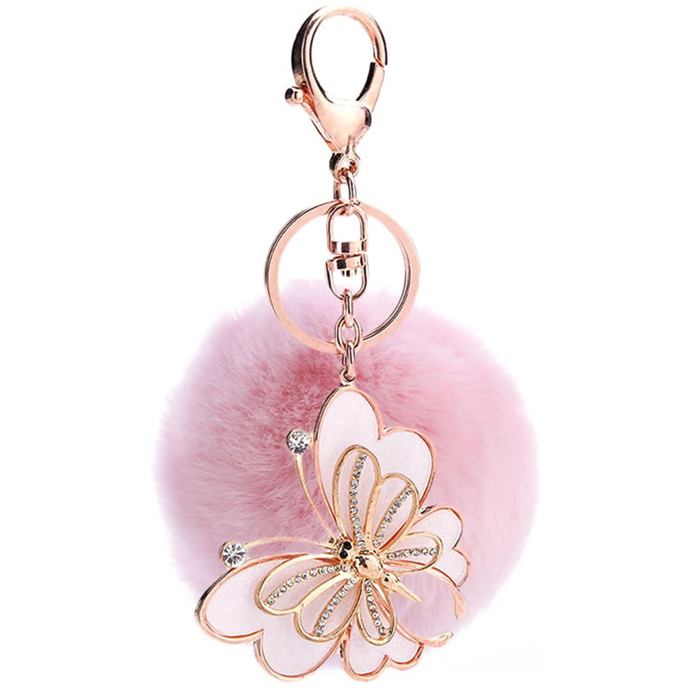 

Rhinestones Crystal Butterfly Fluffy Rabbit Ear Fur Ball Key Chain Cute Pompom Artificial Rabbit Fur Keychain Car Bag Key Ring