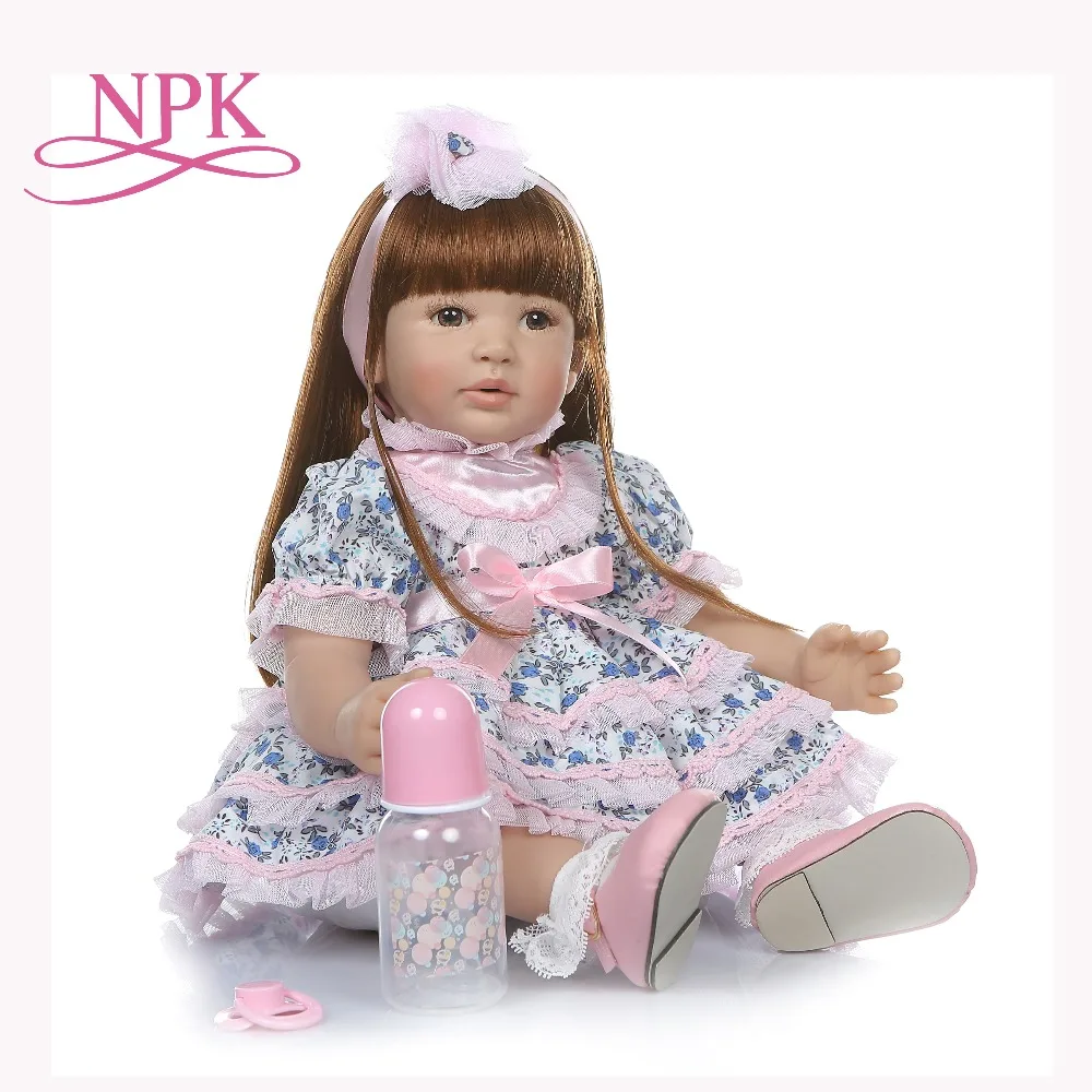 

60CM big size reborn toddler girl realistic soft silicone vinyl bebe doll reborn long straight hair blue follower skirt summe