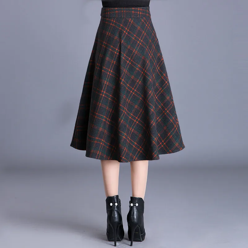 S-4XL New Women's Wool Blends Skirts Winter Autumn Fashion Elegant Printed Plaid Thicken Slim Medium Length Skirt Female