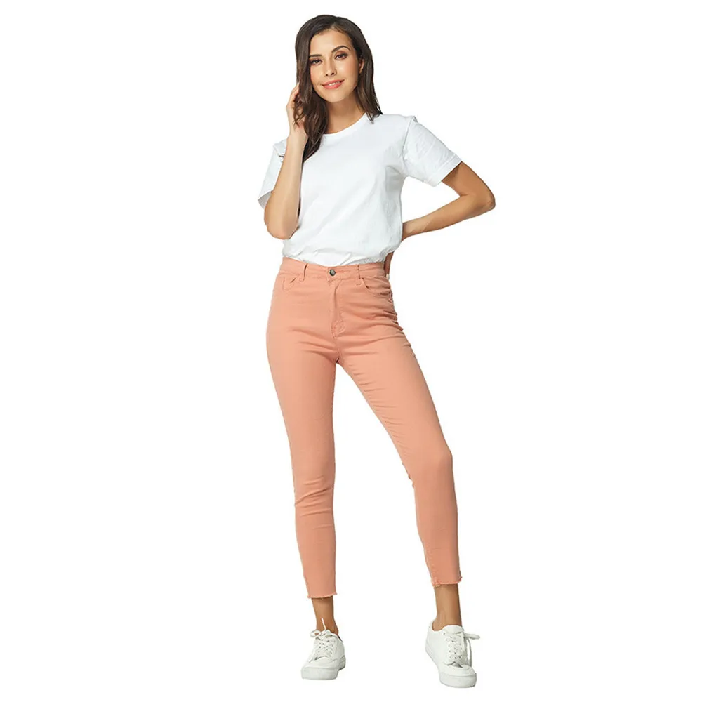 

Women's Juniors Mid Rise Slim Fit Raw Hem Stretchy Skinny Jeans Womens Casual Ankle Distressed Ripped Pink Denim Pencil Pants