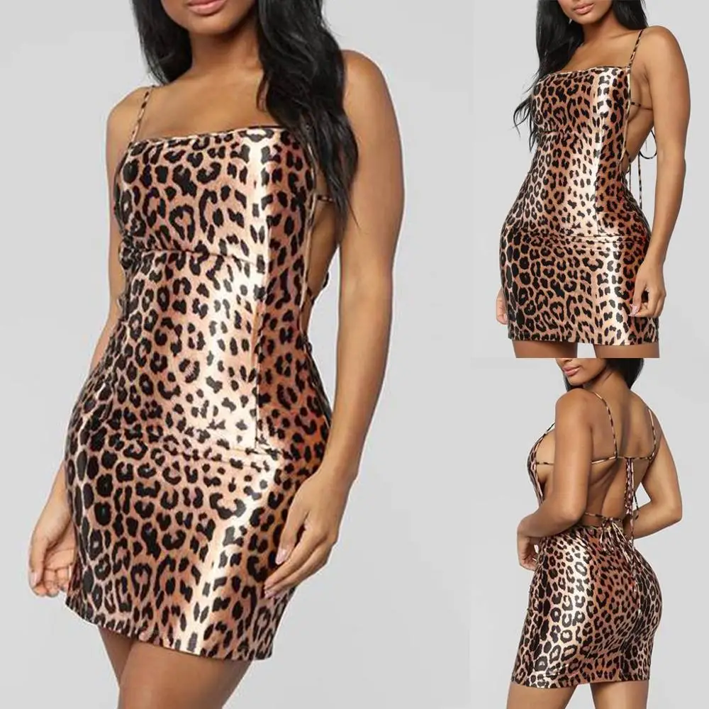

Women Sexy Leopard print satin lace up sundress Women backless elegant off shoulder mini dress Summer bodycon vestido de festa