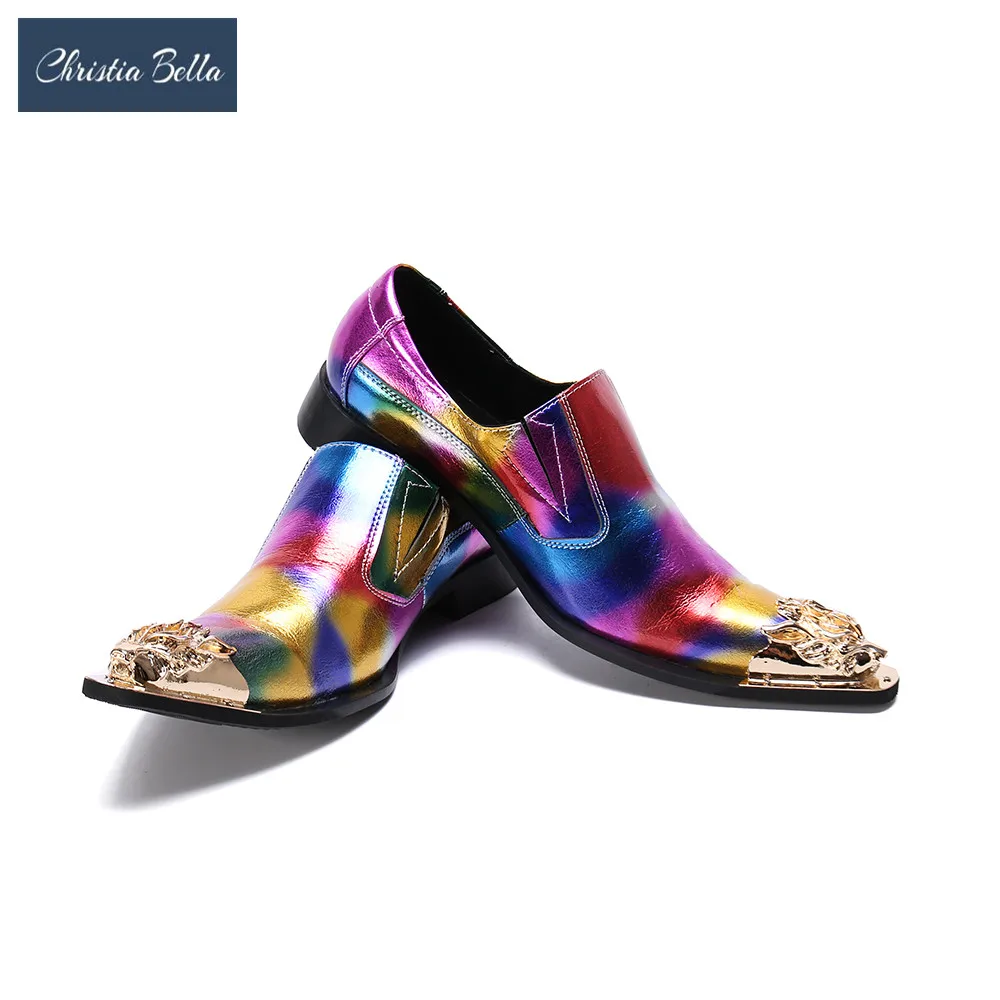

Christia Bella Classic Genuine Leather Metal Tip Slippers Flats Banquet Wedding Men Dress Shoes Colorful Leather Print Shoes Men