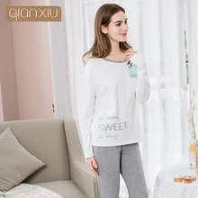 Пижама Qianxiu Женская Осенняя хлопковая домашняя круглая Пижама с воротником, набор с буквенным принтом, точечная волновая печать, пижамы famale