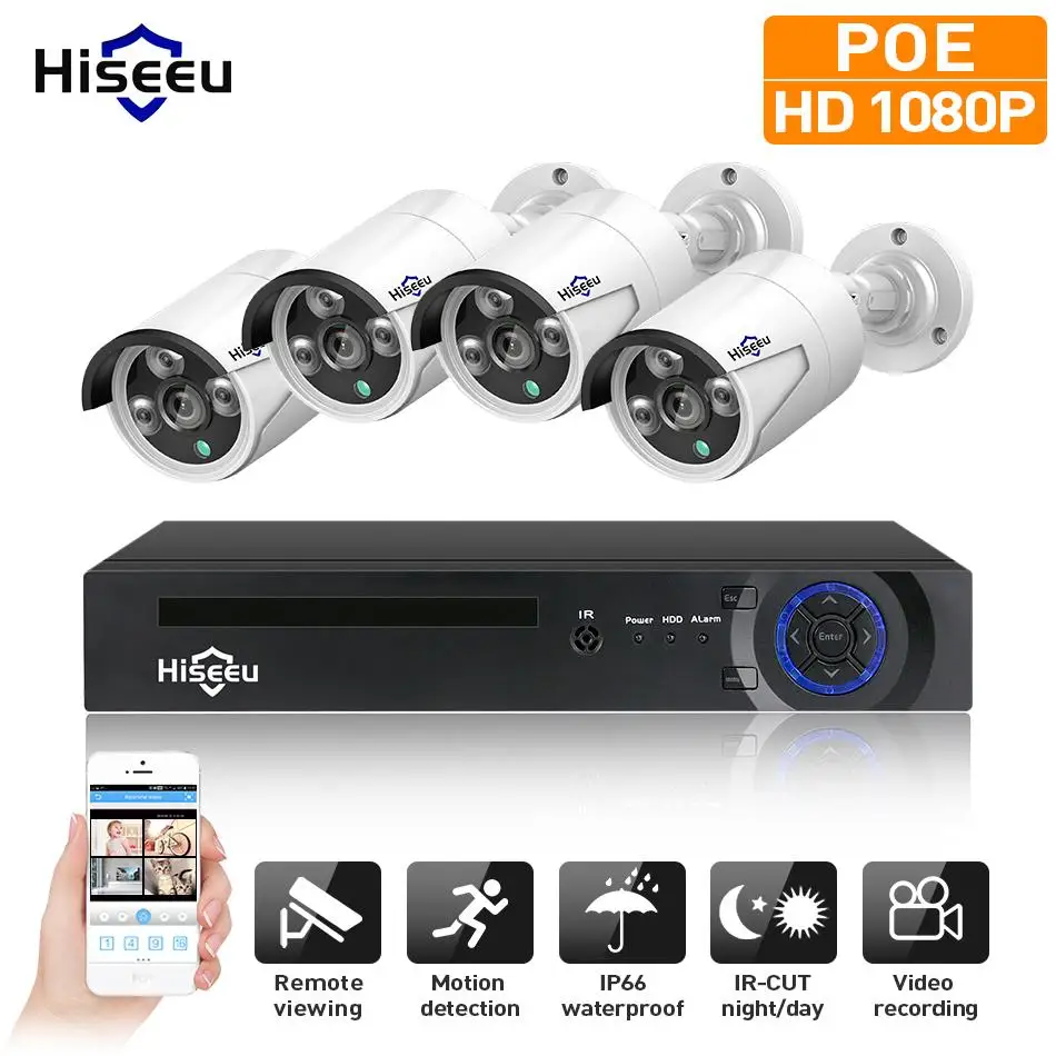 Hiseeu 1080P POE NVR Kit 4CH CCTV camera System Outdoor 2MP POE IP