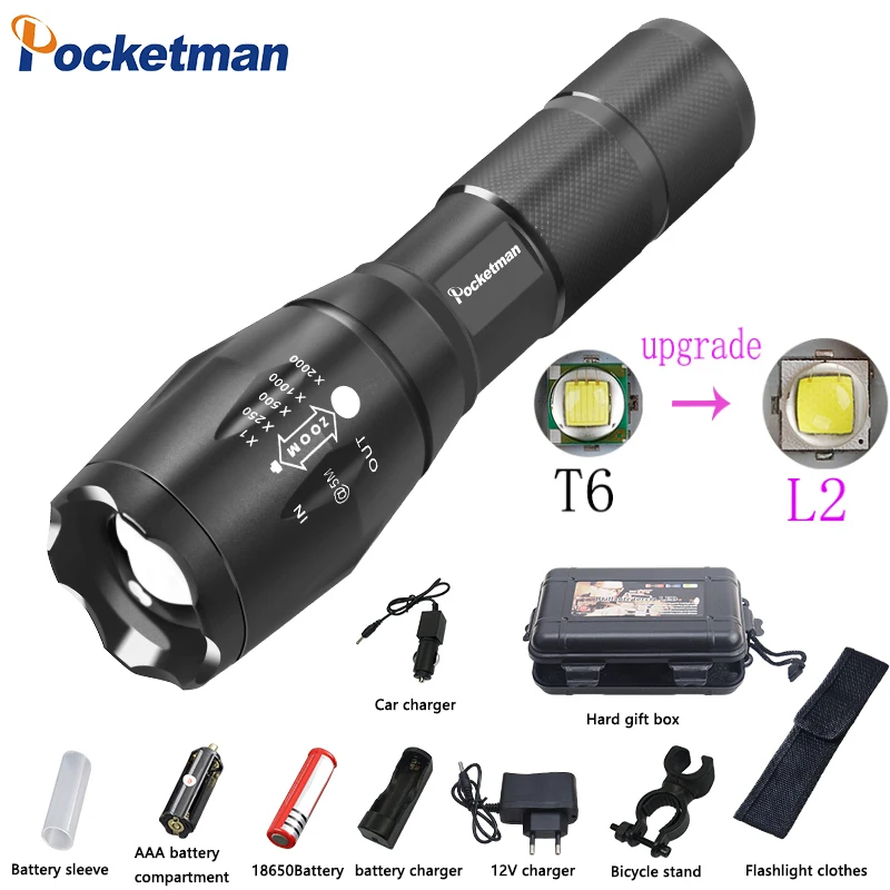 

8000LM LED Flashlight 18650 torch waterproof rechargeable XM-L T6 L2 5 mode Zoomable light For 3x AAA or 3.7v Battery