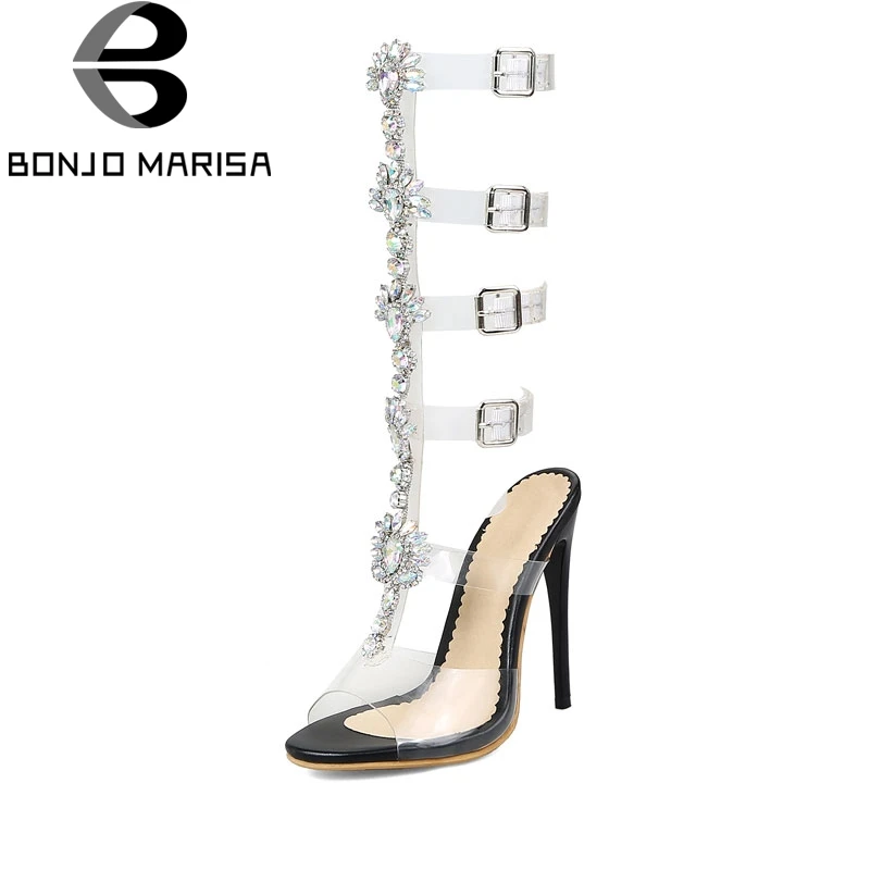 

BONJOMARISA Sexy Thin High Heel Gladiator Sandals Buckle Up Open Toe Transparent Upper Party Wedding Shoes