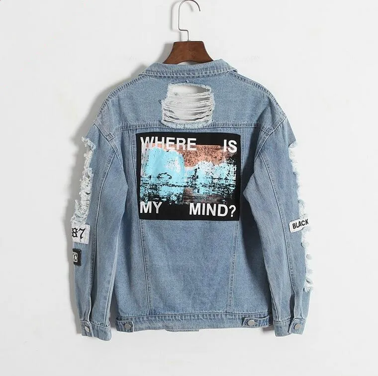 Where is my mind? Korea retro washing frayed embroidery letter patch bomber jacket Light Blue Ripped Denim Coat
