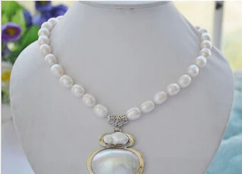 

Free shipping Miss charm Jew.518 17" NATURE WHITE RICE freshwater pearl NECKLACE MABE PENDANT