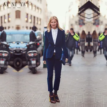 

New Autumn Winter Royal Blue Velevt 2 Piece Pants Suits Office Ladies Business Women Pant Suits Female Trousers Sets