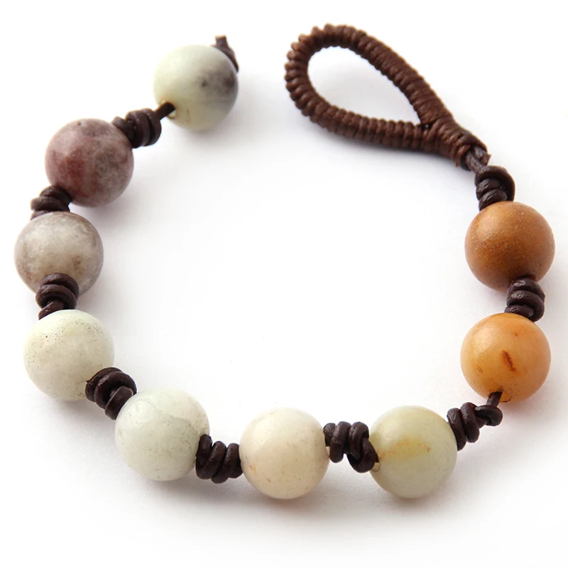 

New ! Free Shipping 12mm Natural Stones Beads Amazonite Stone Dark Brown Cord Hand Weaved Bracelet