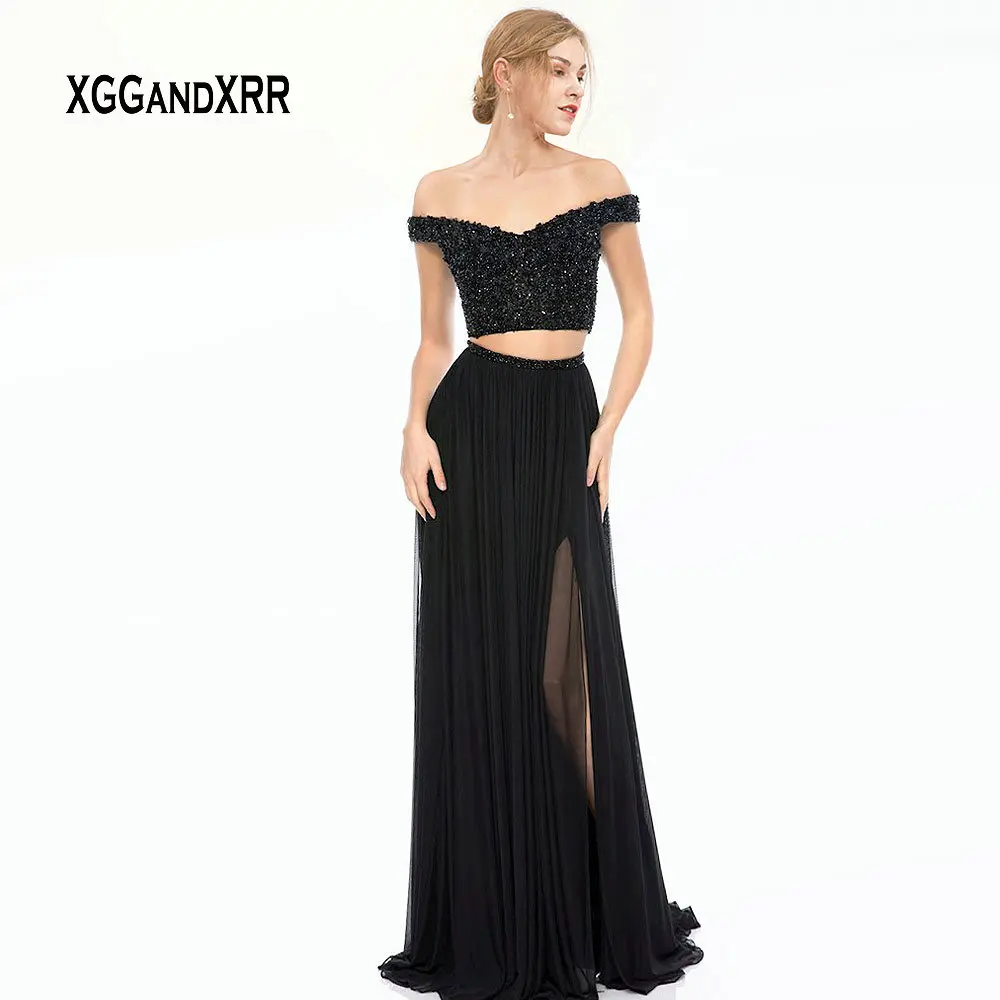 

Sexy Two Piece Prom Dress 2019 Black Long Gala Jurken Beading Top Side Slit Sweep Train vestidos de gala Dress Elegant Plus Size