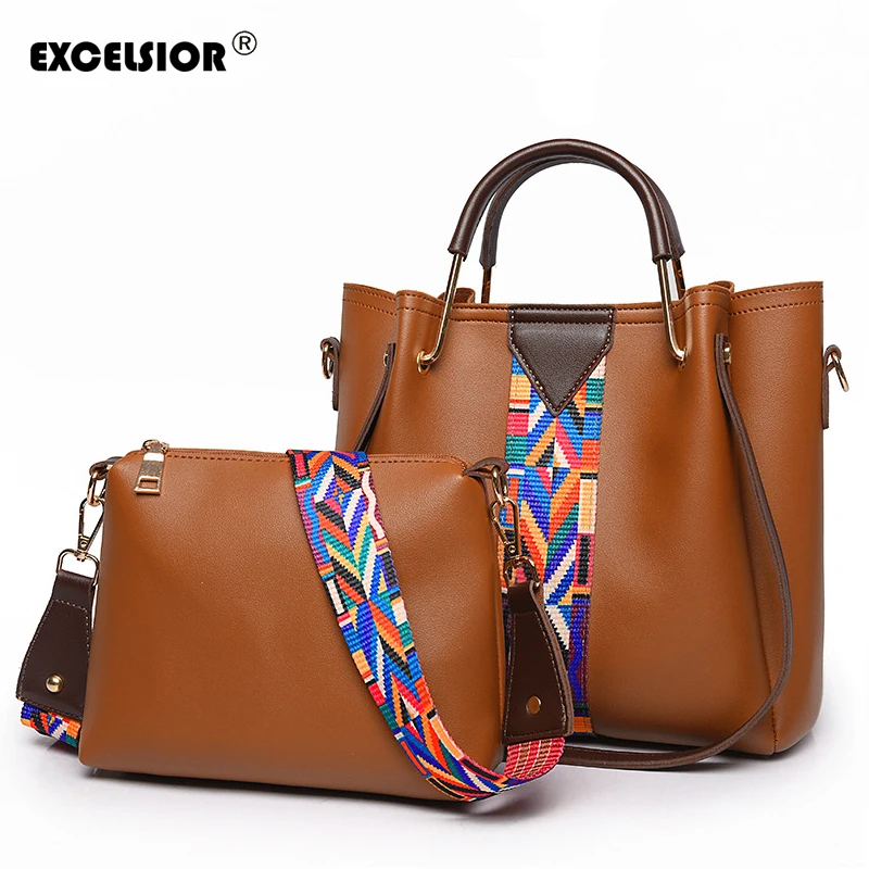 

EXCELSIO New Women's Handbag Solid Colorful Strap Shoulder Bag PU Leather Tote Super Cost-Effective Handbag Set Multi-use
