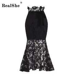 RealShe черный высокая талия юбка-годе Bodycon Эластичный летние женские офисные Спецодежда элегантный длинный промежность кружевная юбка