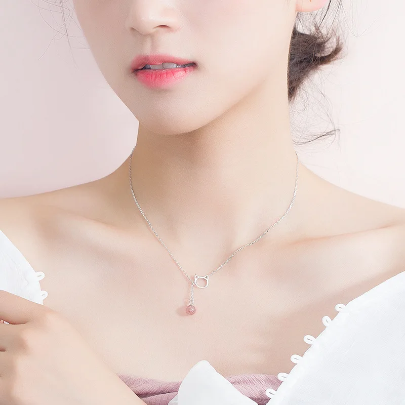 cat strawberry crystal necklace women 100% 925 Sterling silver nacklace Jewellery Clavicle chain pendant charms gift
