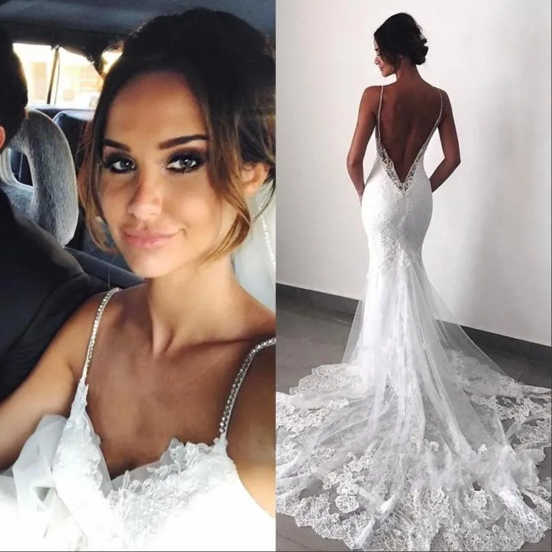 

Sexy New Backless Lace beach Wedding Dresses 2019 Spaghetti Straps Mermaid Layers Appliqued Boho Bridal Gowns wedding gown