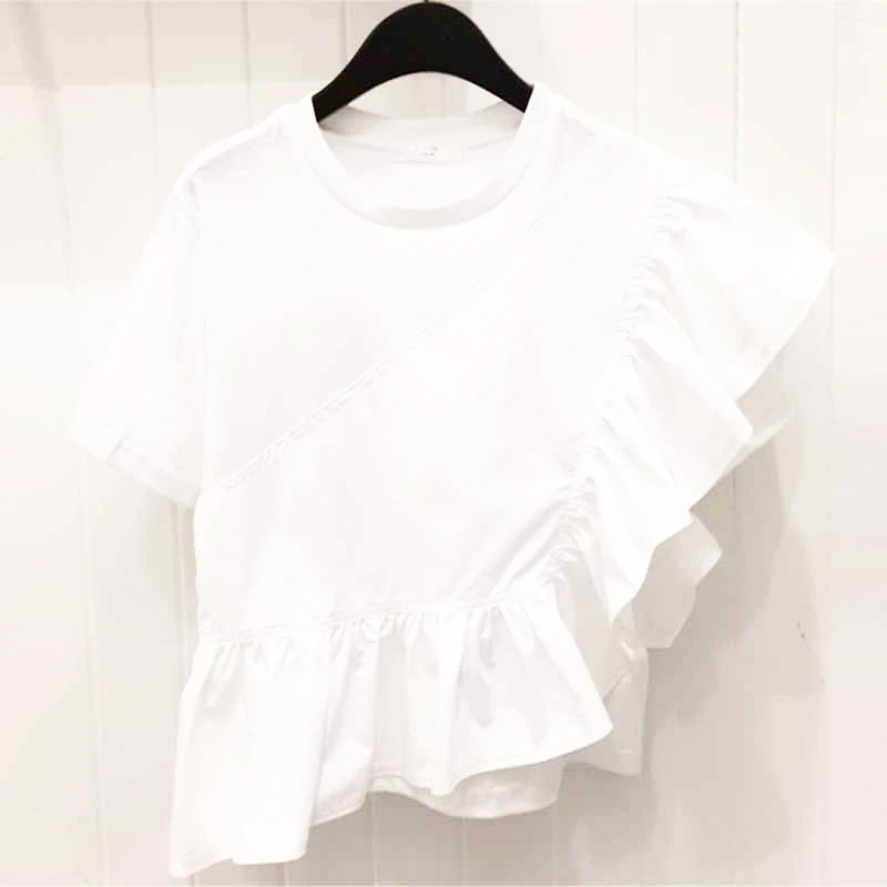 FUNKETS 2019 Korean Ruffles Patchwork T Shirt Short Sleeve O Neck T ...