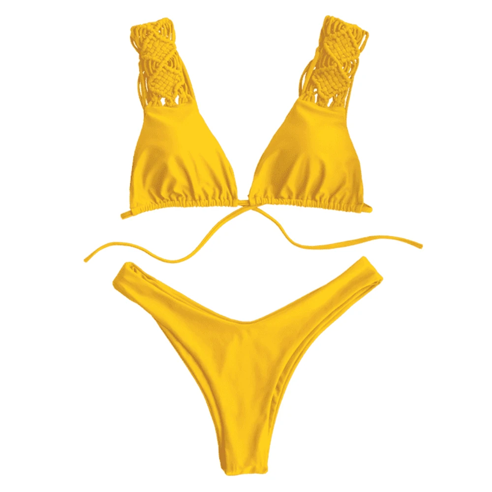 Strappy Macrame High Cut Yellow Bikini Set Women's Push Up
