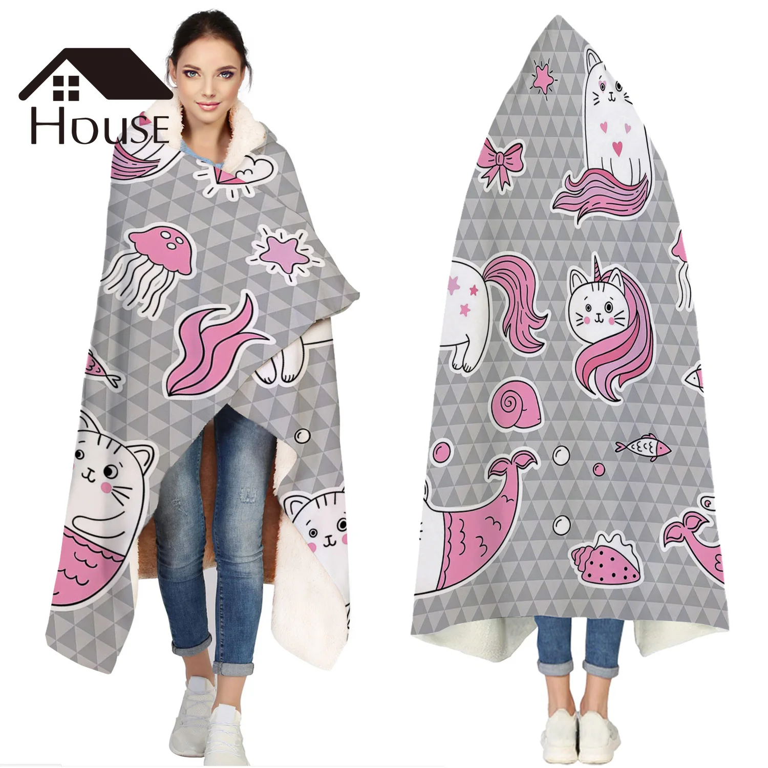 

Portable Wearable Fluffy Custom Hooded Blanket Grey And Pink Cartoon Animals Fleece Hooded Throw Blanket