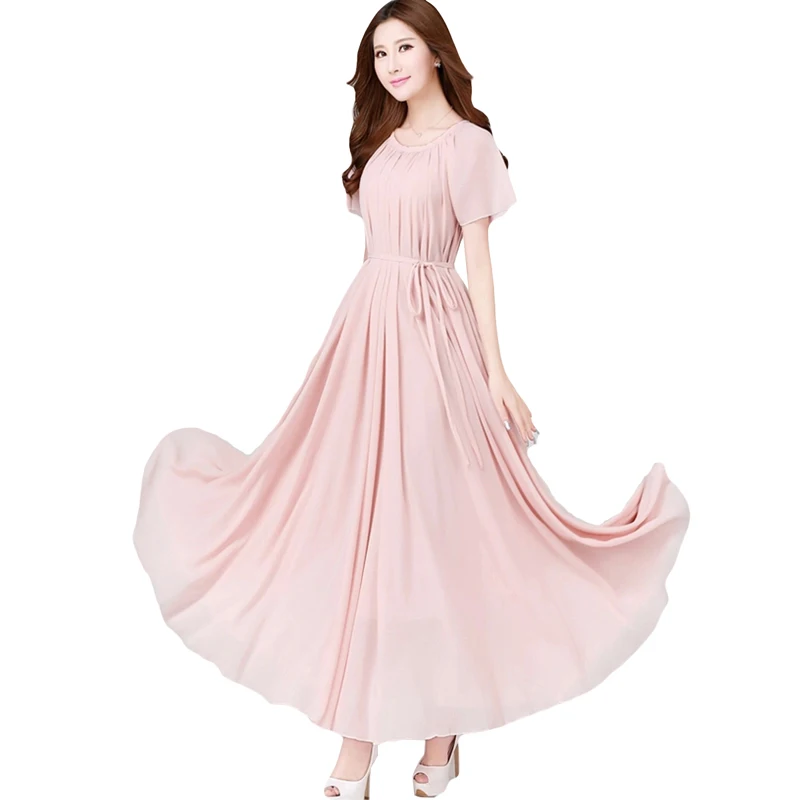

2018 Summer Chiffon Dress Women Long Bohemian Plus Size Dresses Beach Holiday Slim Waist Female Dress Solid Color Dress RE0721