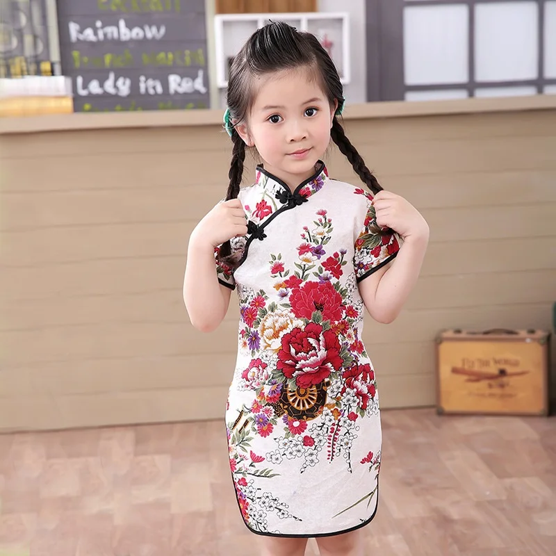 Chi-Pao/платья с короткими рукавами для маленьких девочек г. Модная новогодняя Детская одежда в китайском стиле костюмы Чонсам для девочек платье с цветочным рисунком