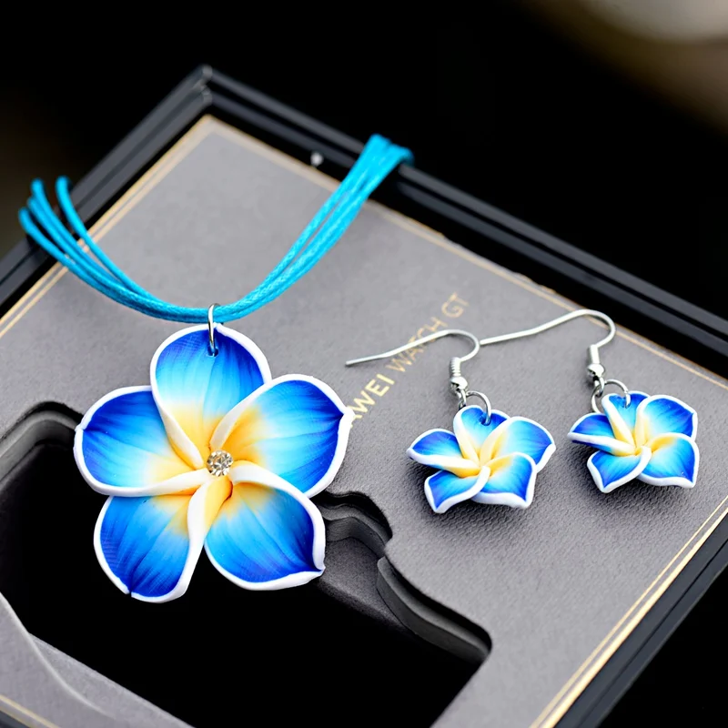 TopHanqi 1set 6color Summer Beach Hawaiian Clay Fimo Frangipani Flower Necklace Earrings Jewelry Sets For Children Girls