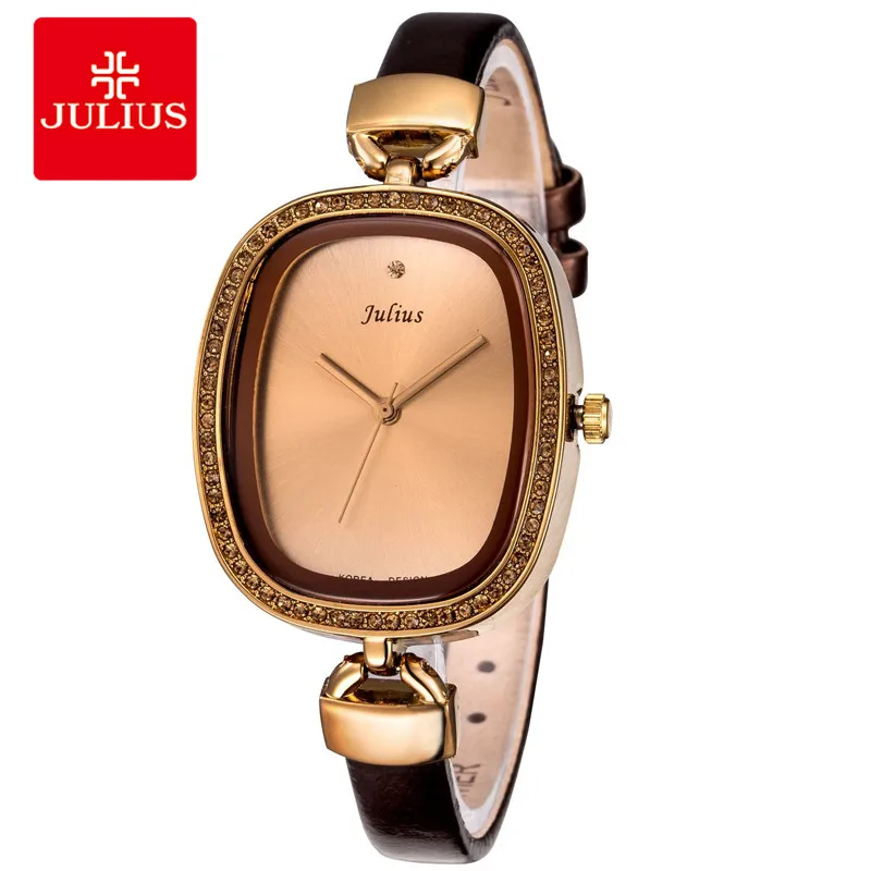 

JULIUS 2017 New Women's Crystal Golden Watch Genuine Leather Quartz Movement Waterproof Retro Fashion Brand Design JA-298