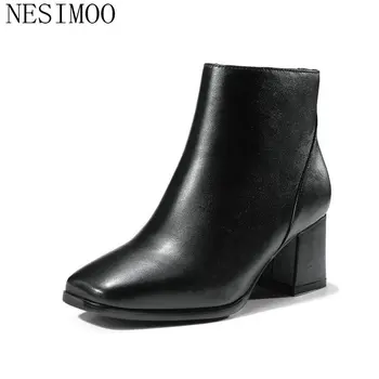 

NESIMOO 2019 Cow Leather +PU Winter Fashion Women Ankle Boots High Heel Pointed Toe Platform Women Motorcycle Boots Size 34-39