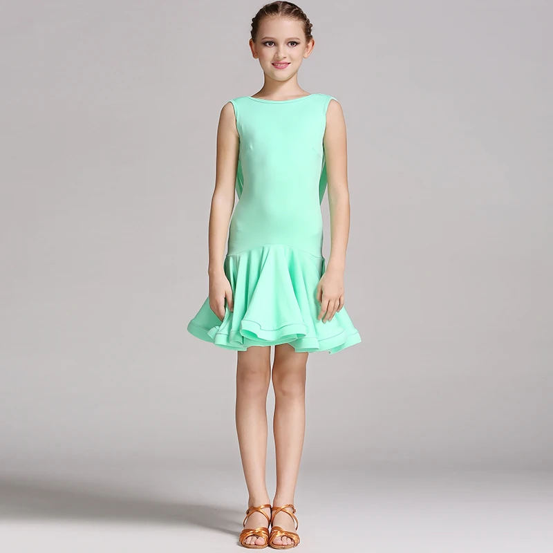 Платье для латинских танцев для девочек, детское платье для латинских танцев для девочек, танцевальные костюмы, одежда для латинских танцев, костюмы для самбы красного цвета без рукавов - Цвет: green