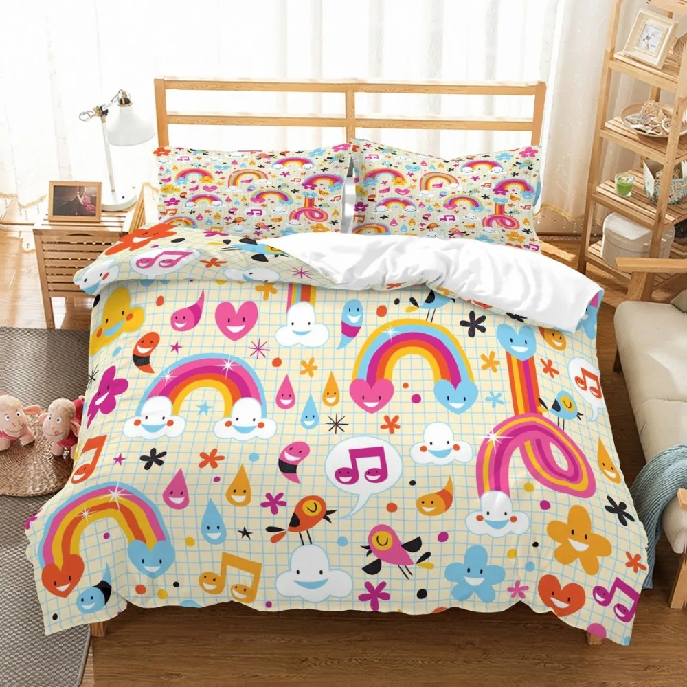 Cartoon Rainbow Kids Microfiber Bedding Set Duvet Cover Set Animals 3D Print Bed Linen Set Pillowcase Twin Full Queen Bedclothes