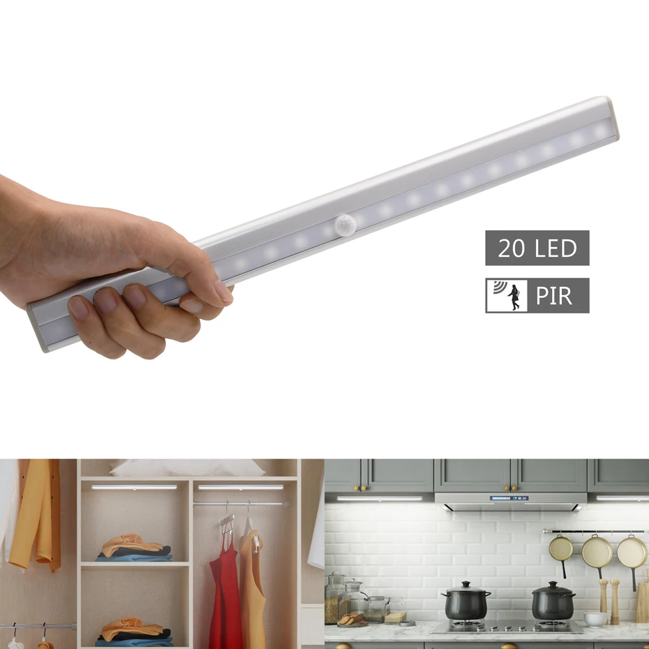Best LED Under Cabinet Light PIR Motion Sensor Lamp 20 LEDs 370mm lighting for Wardrobe Cupboard Closet Kitchen night light