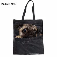 INSTANTARTS милый 3D животное поддельные джинсовые мопса/Лабрадора печати рециркуляции покупки Льняная сумка Сумка повседневная пляжная сумка многоразовая эко-сумка